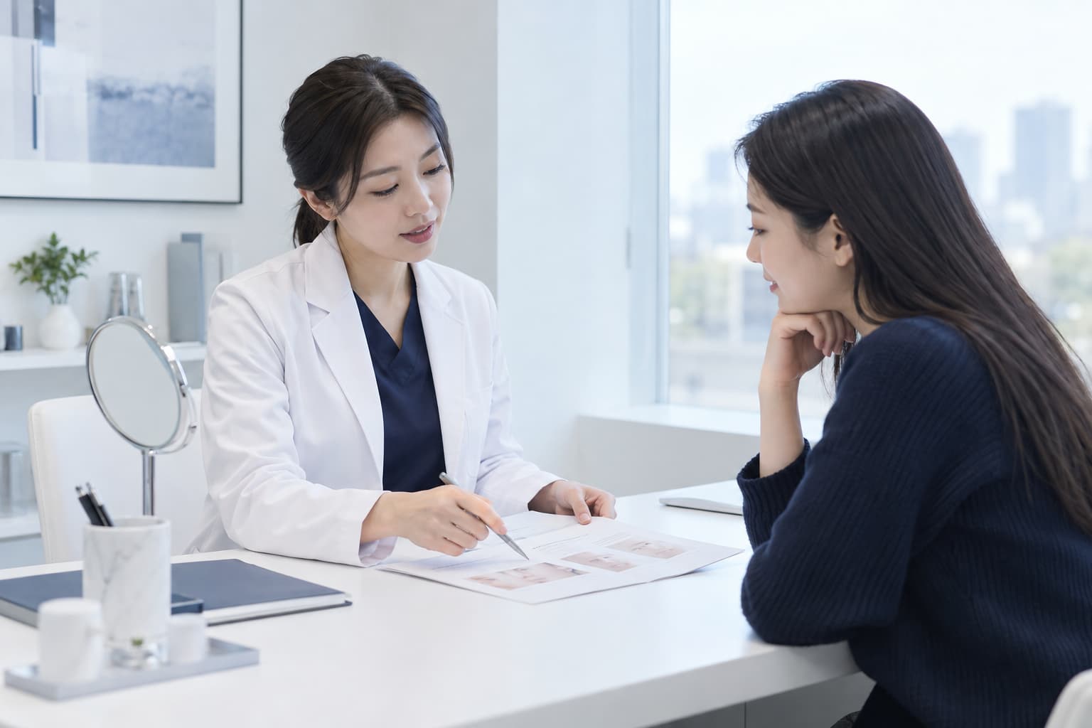 醫師與來訪者一起討論療程計畫的諮詢情境