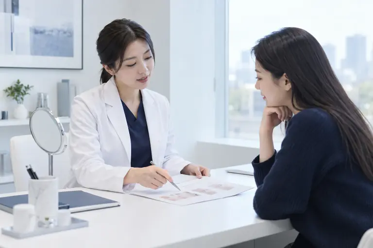 医師と来院者が施術計画を一緒に確認しているカウンセリングのイメージ