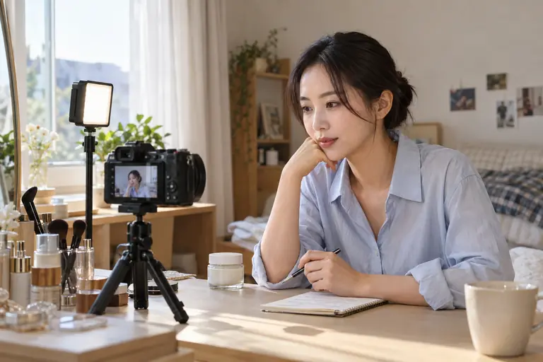 AI 製作示意圖:女性準備相機與燈光,拍攝美妝心得內容
